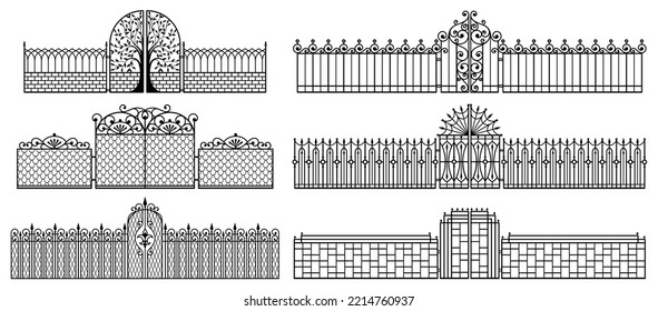 Dekorative Zäune und Tore. Satz von Vintage Schmiedezäunen mit Toren. Einzeln schwarze Silhouette auf weißem Hintergrund. Vektorgrafik