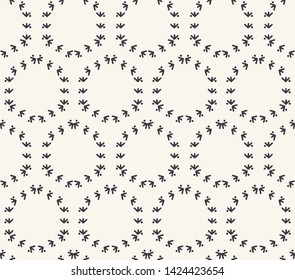 Decorative fern stitch embroidery pattern. Circle grid stripes needlework. Hand drawn ornamental textile print. Ecru cream handicraft home decor. Monochrome simple background. Seamless vector swatch 
