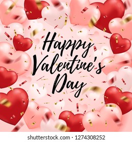 Decorative festive background for Valentine's day with red heart balloons, confetti and lettering. Vector illustration.