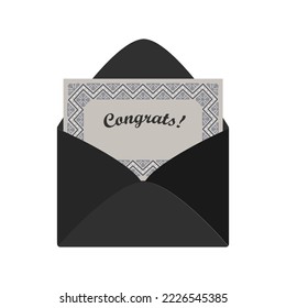 Carta festiva decorativa en el sobre negro. Tema de vacaciones. Ilustración de Vector de invitación o felicitación. 