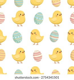 Decorative festive Easter seamless pattern with eggs and cute little chick on a white background. Vector illustration