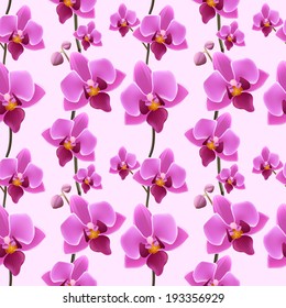 Decorative festive elegant rich orchid blossoms wrapping paper seamless sateen pattern design print vector illustration