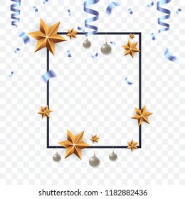 Decorative festive frame with gold christmas stars, falling blue confetti and silver xmas balls. Isolated on transparent background. Design element for the holiday. Vector eps 10.