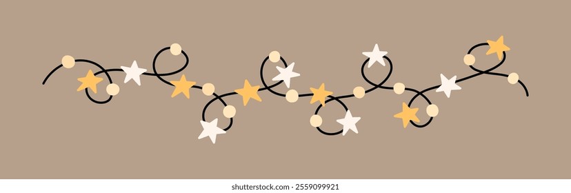 Decorative festive garland with stars and bulbs on a beige background. Suitable for season and holiday designs. Vector hand-drawn illustration in flat style.