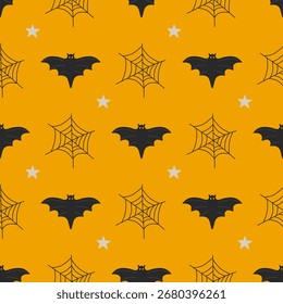 Decoração festivo Halloween padrão sem costura com teia de aranha e morcegos. Plano de fundo do vetor