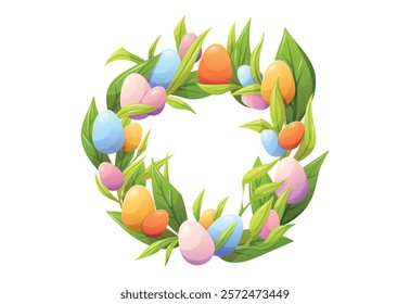 Decorative festive handmade wreath with painted colorful easter eggs and green natural leaves. Vector isolated cartoon illustration, traditional religious celebration.