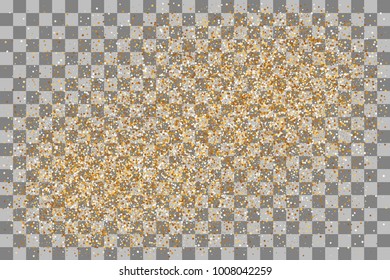Decorative festive holiday backdrop. Random falling shimmer dust golden confetti. Transparent gold background luxury shine foil vector. Carnival glitter design. Shine banner card sparkle.