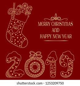 Decorative festive lettering - text greetings Merry Christmas and Happy New Year, 2019. Holiday decoration in form of stocking with Santa Claus, toys, gifts, candy, snowflakes, bow.