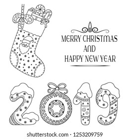 Decorative festive lettering - text greetings Merry Christmas and Happy New Year, 2019. Holiday decoration in form of stocking with Santa Claus, toys, gifts, candy, snowflakes, bow.