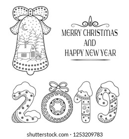 Decorative festive lettering - text greetings Merry Christmas and Happy New Year, doodle number 2019. Decoration in form of bell with house and eating in the snow for holiday, postcards, covers.