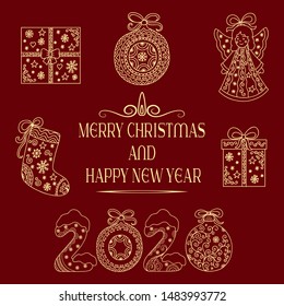 Decorative festive lettering - text greetings Merry Christmas and Happy New Year, doodle number 2020. Decoration with gifts, socks, angel and ball for holiday postcards, covers.