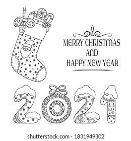 Decorative festive lettering - text greetings Merry Christmas and Happy New Year, 2021. Holiday decoration in form of stocking with Santa Claus, toys, gifts, candy, snowflakes, bow.