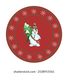 A decorative festive plate decorated with a snowman and snowflakes.Vector tableware for textiles , New Year's designs, postcards.
