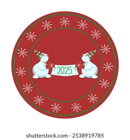 A decorative festive plate decorated with snowmen with a 2025 poster and snowflakes.Vector tableware for textiles , New Year's designs, postcards.