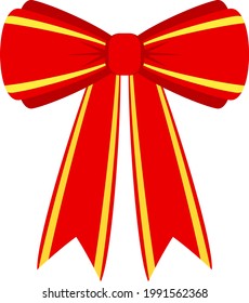 Decorative festive red bow with yellow edging. Icon for greeting cards, certificates and invitations for birthday, wedding, celebration. Flat vector illustration.