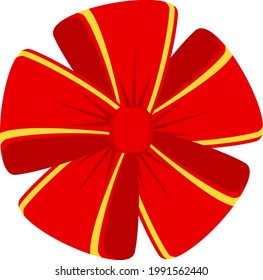 Decorative festive red bow with yellow edging. Icon for greeting cards, certificates and invitations for birthday, wedding, celebration. Flat vector illustration.