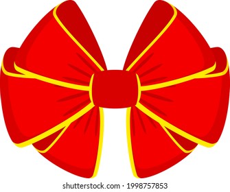 Decorative festive red bow with yellow edging. Icon for greeting cards, certificates and invitations for birthday, wedding, celebration. Flat vector illustration.