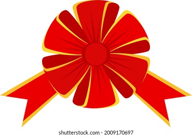 Decorative festive red bow with yellow edging. Icon for greeting cards, certificates and invitations for birthday, wedding, celebration. Flat vector illustration.