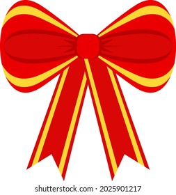 Dekorative festliche rote Schleife mit gelbem Rand. Icon für Grußkarten, Zertifikate und Einladungen zum Geburtstag, Hochzeit, Feiern. Flache Vektorgrafik.