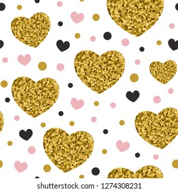 Decorative festive seamless pattern with golden glitter hearts. Vector background for Valentine's day