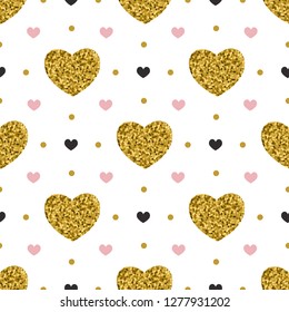 Decorative festive seamless pattern with golden glitter hearts. Vector background for Valentine's day