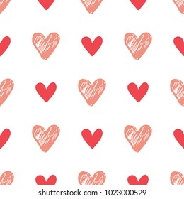 Decorative festive seamless pattern with pink hearts on a white background. Vector background for Valentine's day