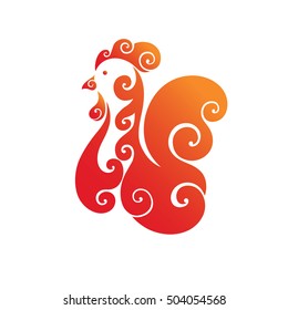 Decorative fiery cock. Red silhouette on a white background. Abstract head. Symbol 2017. Logo design element. Vector illustration