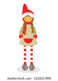Decorative figure of a girl with pigtails, striped tights and Santa hat for the new year on a white background. Flat style illustration