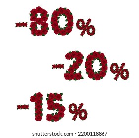 Decorative figures for sale and discounts of red roses. Fifteen, twenty, eighty percent. Vector Clip art
