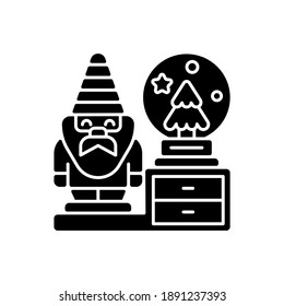Decorative figurines black glyph icon. Living room statues. Indoor sculptures. Gnome statue. Christmas snow globe. Interior design. Silhouette symbol on white space. Vector isolated illustration
