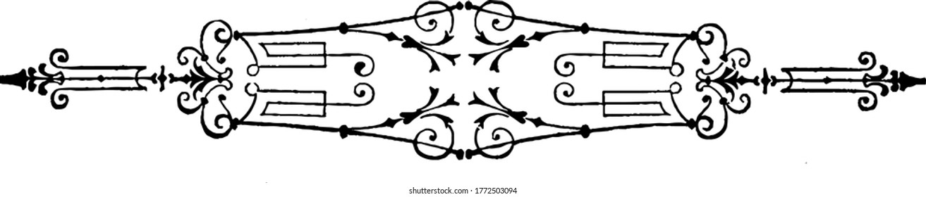 A decorative Filigree divider with fancy swirls, repeated designs and bold patterns, vintage line drawing or engraving illustration.