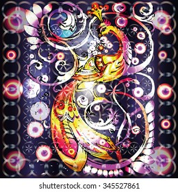 Decorative fire bird with crown and abstract branches on black background with stylized lattice