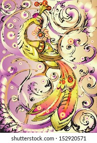 Decorative fire bird with crown on abstract branches of grapes on iridescent purple background