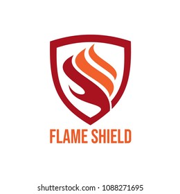 Decorative fire shield logo design element. Fire warning sign shield. Fire flame vector illustration on white background
