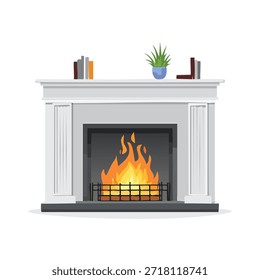 Una chimenea decorativa con llamas rugientes es el elemento central. Libros y una planta en maceta adornan la repisa de la chimenea. La escena sugiere calidez y comodidad, sobre un fondo blanco.