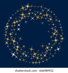 Decorative firework pattern on black, salute. Golden night sky objects frame. Cosmic abstract vector background with gold star elements circle. Glitter confetti, magic shining sparkles design.