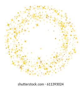 Decorative firework pattern on white, salute. Cosmic abstract vector background with gold star and circle elements. Glitter confetti, magic shining sparkles design. Golden night sky objects frame.