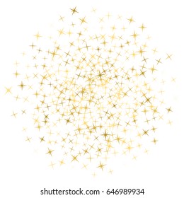 Decorative fireworks pattern on white, holiday salute. Cosmic abstract vector background with gold star elements circle. Glitter confetti, shining sparkles background design on white. 