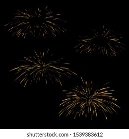 Decorative fireworks. Vector firework set. New year decoration. Vintage sign. Color fireworks. Vector sketch illustration. Hand drawing. Vector realistic illustration 3d. Line art.