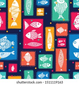 Decorative fish in cute frames. Can be used in textile industry, paper, background, scrapbooking.
