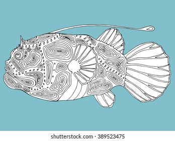 Decorative fish. Deep-sea fish. A resident of the ocean. Angler. Terrible fish. Line art. Black and white drawing by hand. Tattoo.