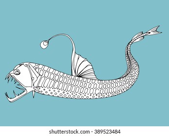 Decorative fish. Deep-sea fish. A resident of the ocean. Angler. Terrible fish. Line art. Black and white drawing by hand. Tattoo.