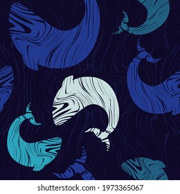 Decorative fish with a doodle texture swim in the sea. The waves. Seamless background. Cute cartoons. Vector illustration for web design or printing.