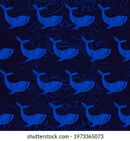 Decorative fish with a doodle texture swim in the sea. The waves. Seamless background. Cute cartoons. Vector illustration for web design or printing.
