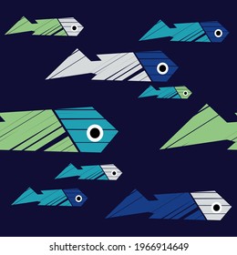 Decorative fish floating in the sea. Seamless pattern. Cute cartoons. Vector illustration for web design or print.