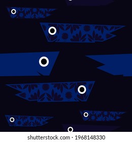 Im Meer schwimmen dekorative Fische mit floralem Muster. Nahtloser Hintergrund. Ziehe Cartoons. Vektorgrafik für Webdesign oder Print.