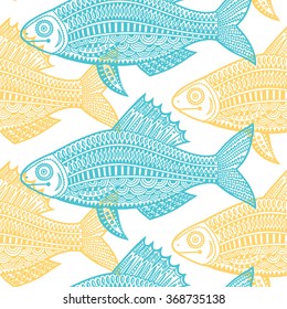 Decorative fish. Hand drawn vector illustration. Seamless pattern.