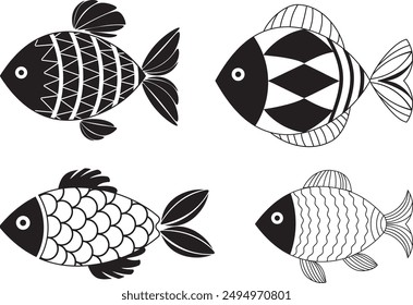 Decorative fish illustration with simple patterns. Abstract decorated black and white fish icon. Stylized, decorative underwater creatures designs. Black geometric fish isolated.