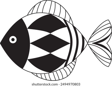 Decorative fish illustration with simple patterns. Abstract decorated black and white fish icon. Stylized, decorative underwater creatures designs. Black geometric fish isolated.