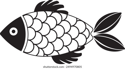 Decorative fish illustration with simple patterns. Abstract decorated black and white fish icon. Stylized, decorative underwater creatures designs. Black geometric fish isolated.